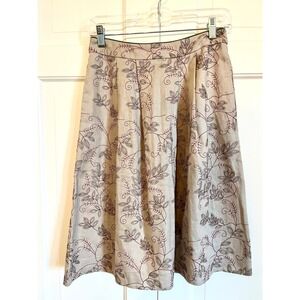 Catherine Andre Linen Skirt Embroidered Tan Floral A-Line Midi Sz Euro 38 Medium